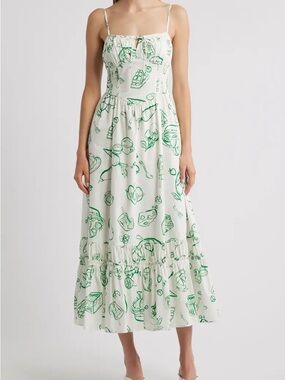 Moon River White Midi Dress with Green Print